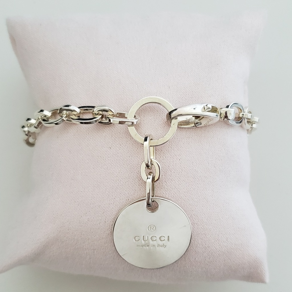 GUCCI Sterling Silver Trademark Round Charm Chain Link Bracelet 8" - Picture 5 of 11